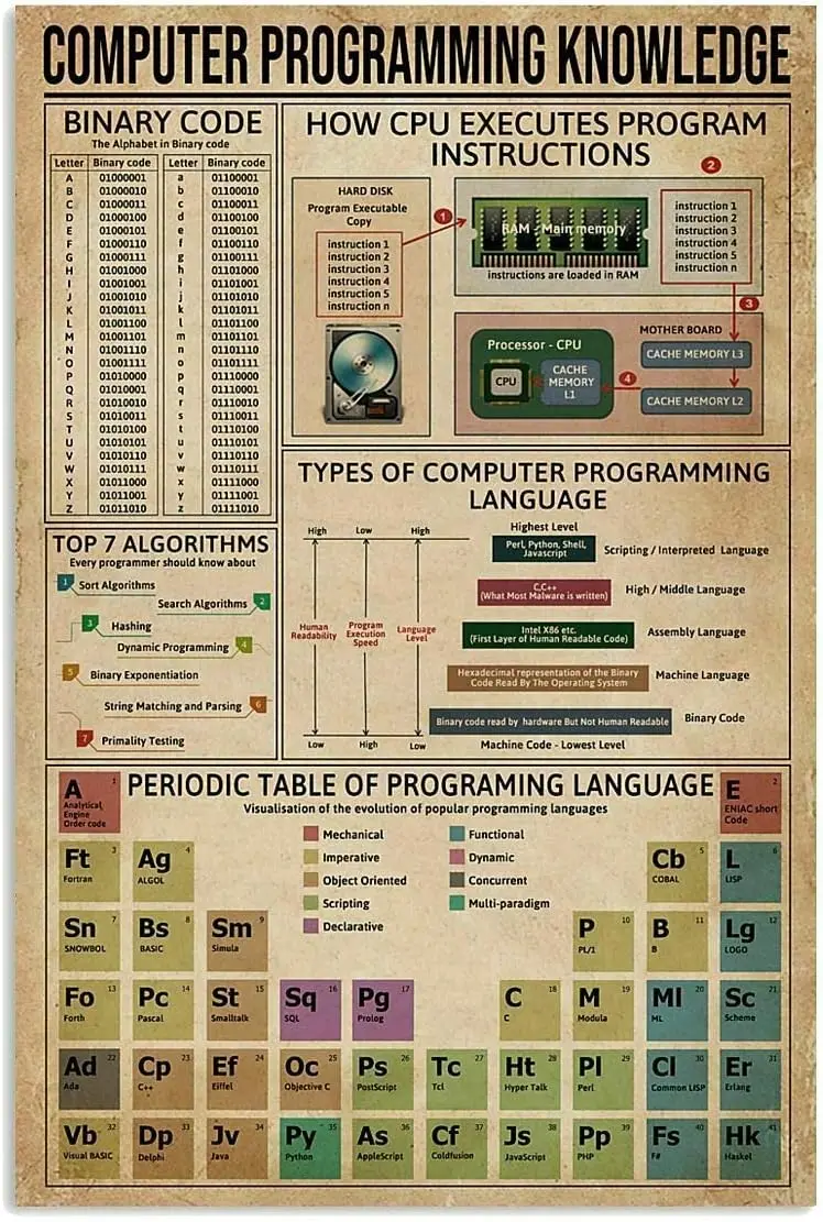 Computer Programming Knowledge Retro Vintage Tin Sign for Infographics Metal Sign Poster for Bar Cafe School 8x12 Inches