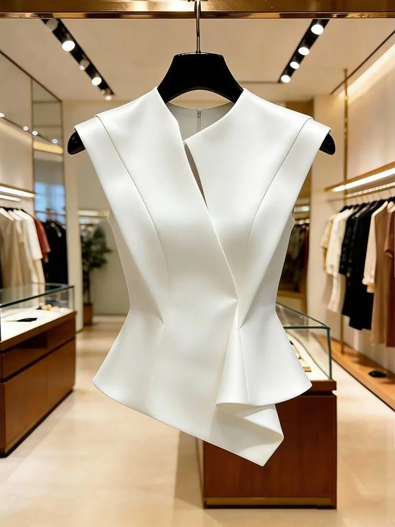 

Fashion Weekly Asymmetric Hem Shirt Summer 2026 New Casual Style Waist Cinched Short Sleeve Women's Shirt V-neck Regular Fit