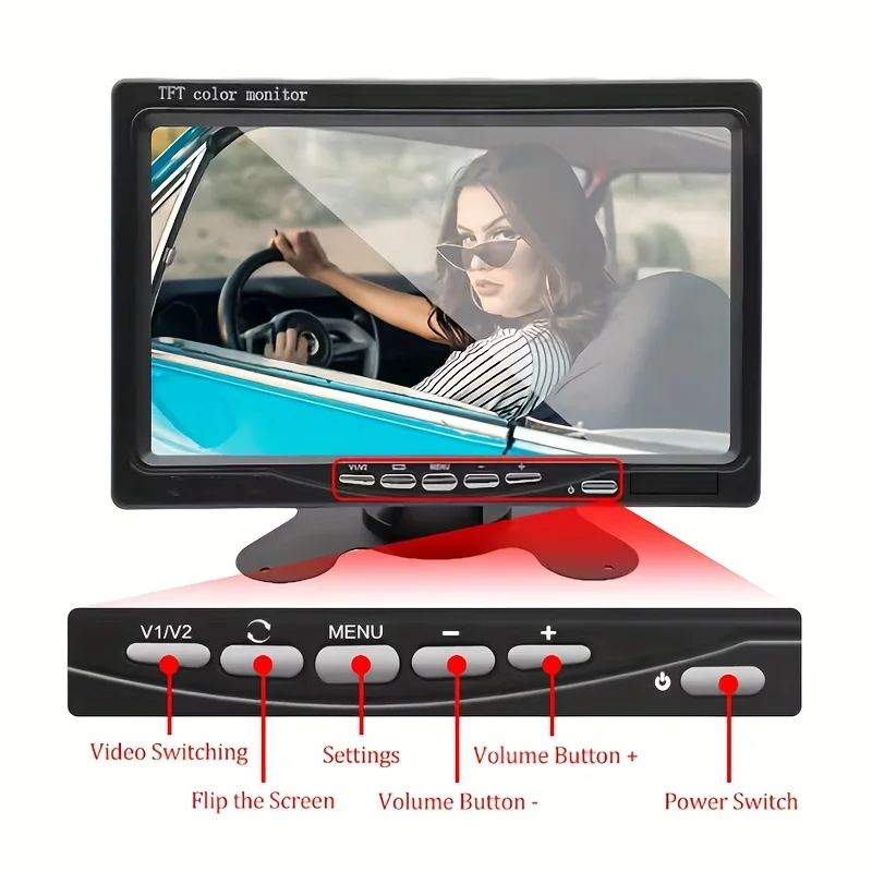 

7inch Desktop Monitor for Universal Easy Installation for Car SUV Van Truck, V1/V2 Two Video Input, Power 12V/24V, CVBS