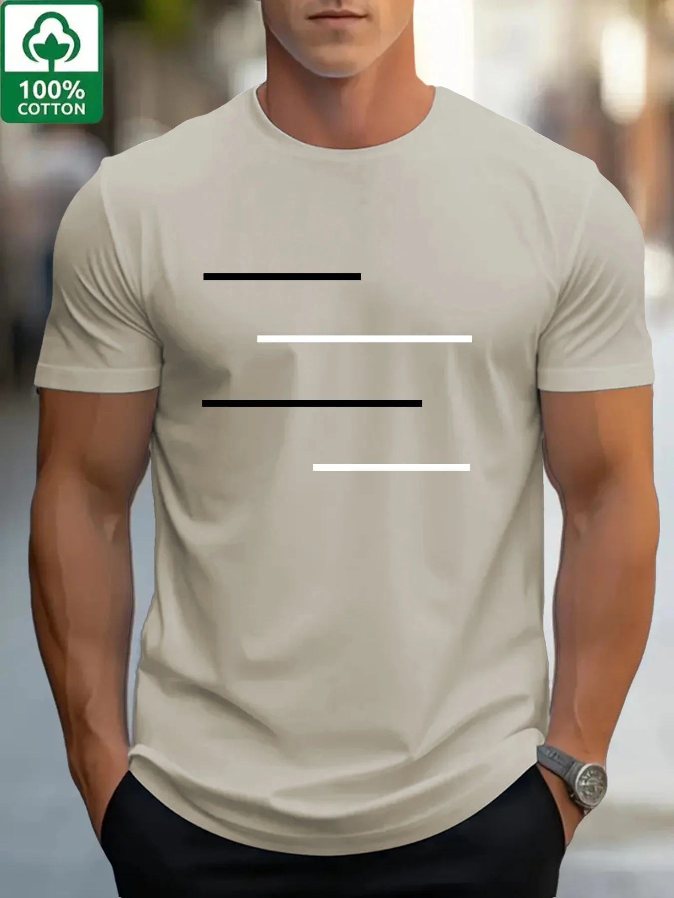 Summer Men's 100% Cotton Casual Black and White Lines Simple Geometric Pattern Loose Round Neck Short Sleeve T-shirt