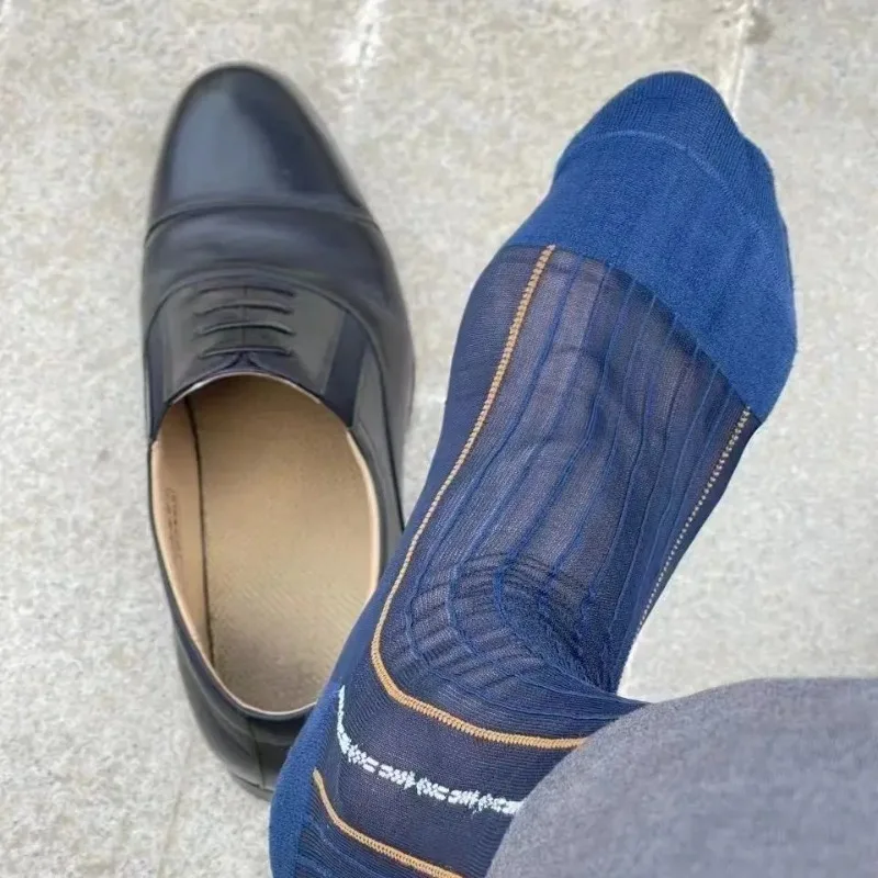 Classic Navy Blue Mid Tube Socks Man Sexy Vintage Jacquard Nylon Mens Socks Super Quality Business Formal Dress Mens Stockings