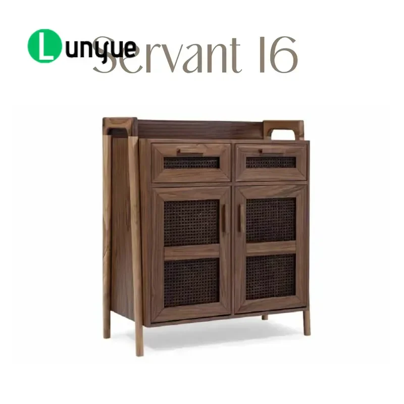 Dark Walnut Solid Wood Large Capacity Living Room Cabinet Rattan Door Storage Sideboard Modern Furniture For Home Decor