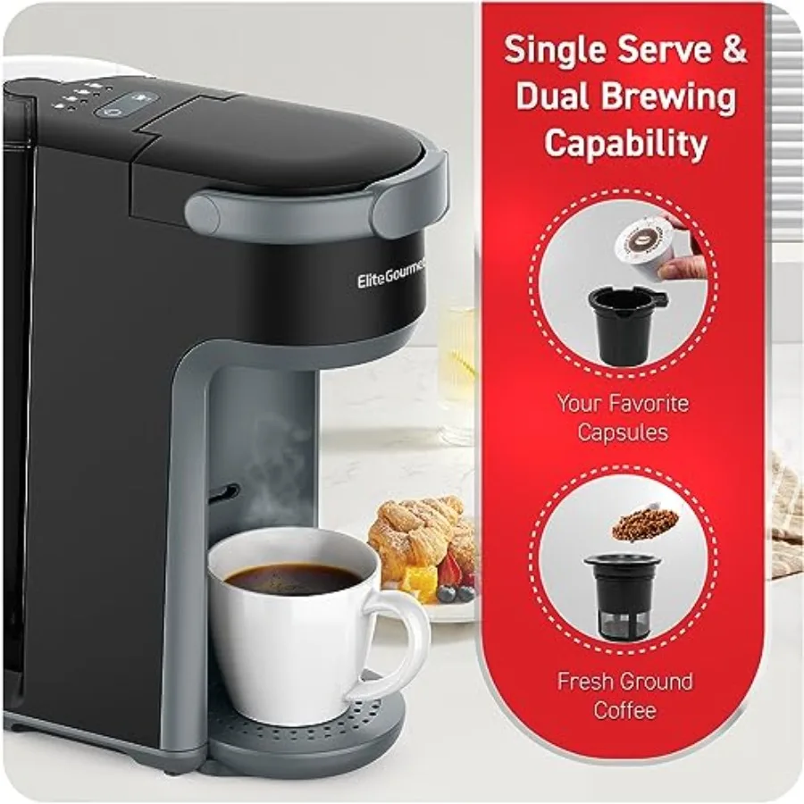 2-in-1 capsule coffee maker for home use, durable plastic body, black, compatible with K-Cup pods and ground coffee