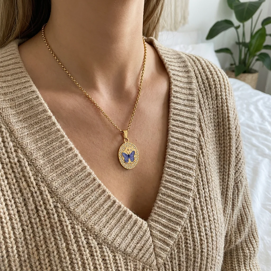 18K Vergoldete Edelstahl Vintage Ovale Anhänger-Halskette mit Emaille-Schmetterling und Libellen-Charm, Zierlicher Schmuck, Geschenk für Frauen – Detail 4
