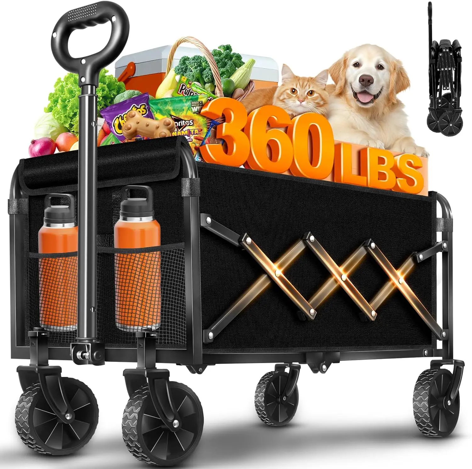 

Foldable Wagon Cart with Wheels, Portable Collapsible Utility Cart for Outdoor Camping, Shopping, Sports