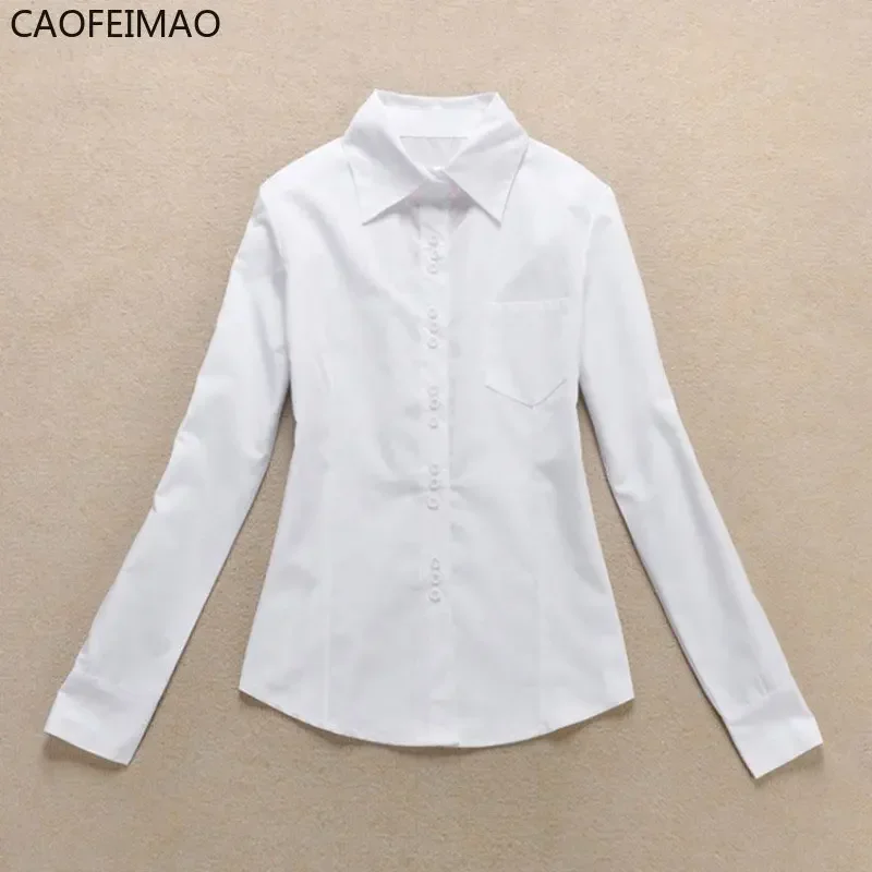 Caofeimao Office Lady Formal Blouse Autumn Women Fromal Work Wear Long Sleeve Simple Shirt Slim Collar Blouse Casual Shirt Tops