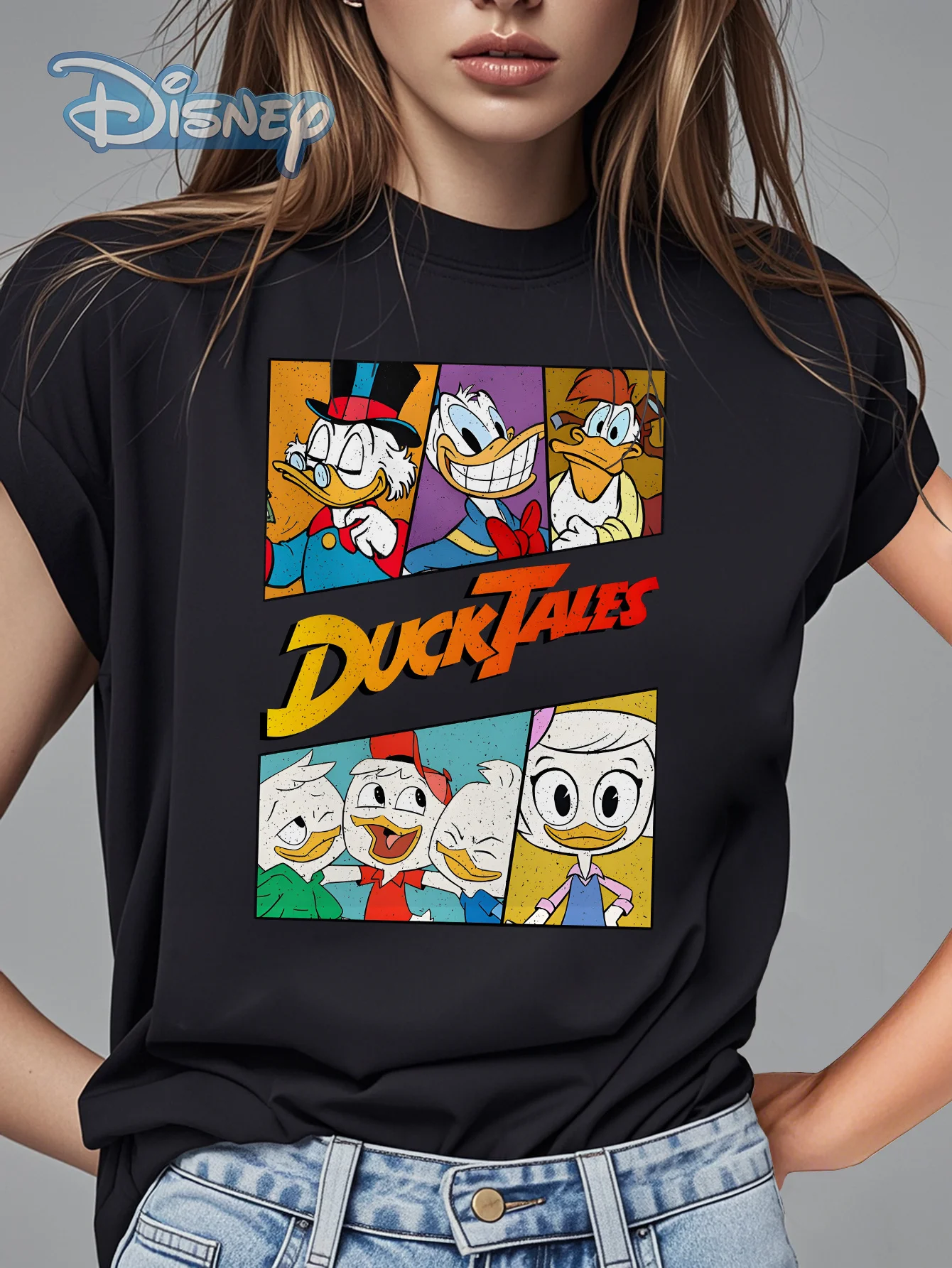 Disney-geautoriseerd Ontdek de avontuurwereld van Ducktales. Hot-Selling in de zomer Pure T-shirt met ronde hals en korte mouwen voor dames