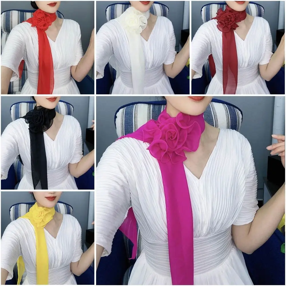 Sweet Flower Chiffon Scarf Versatile Elegant Floral Scarf Shawl Detachable Neckerchief Girls