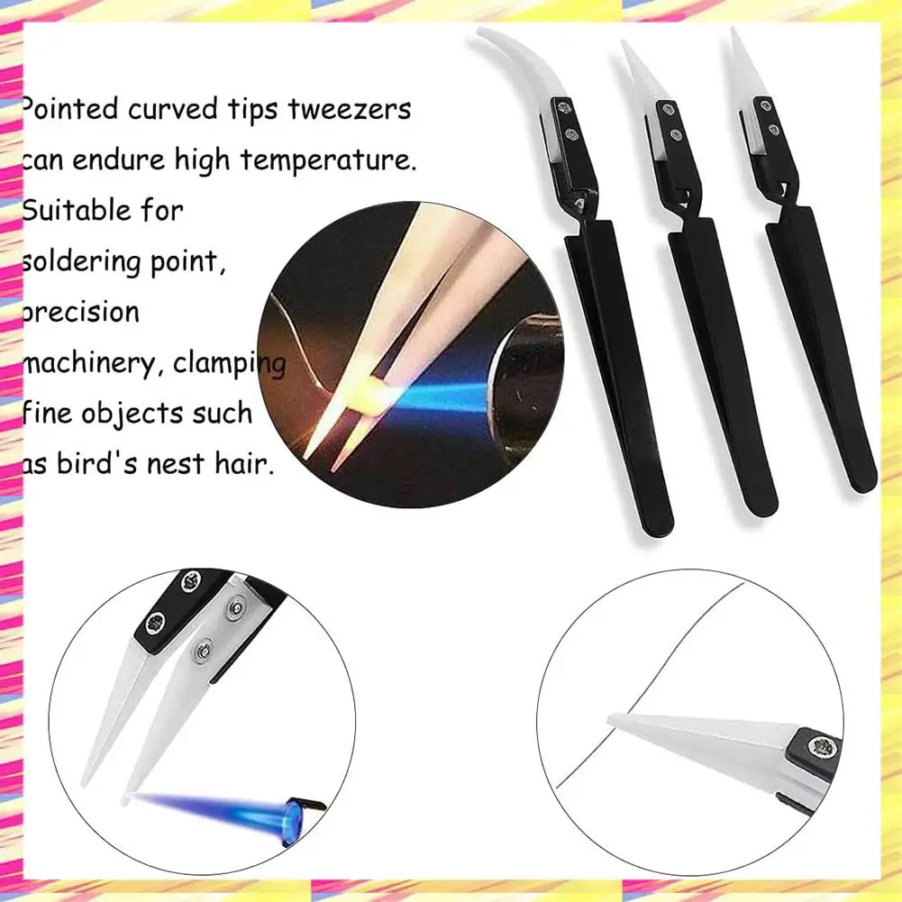 ABJJ 3Pcs Anti-Static Reverse Tweezer IC SMD SMT Reverse Tweezers Heat Resistant 1000 Degree Hand Tools