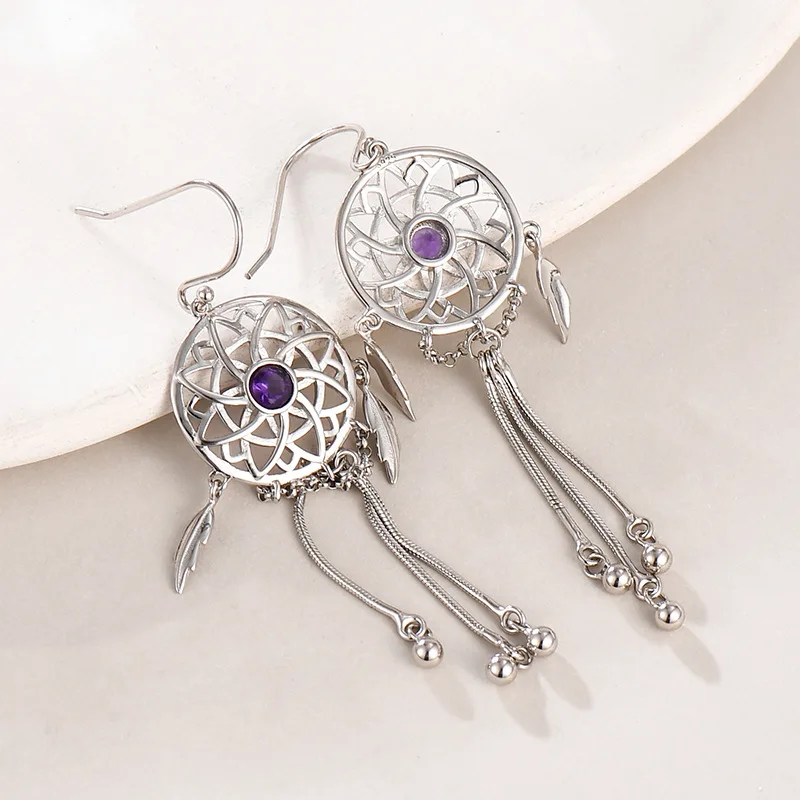 S925 Sterling Silver Charms Drop Earrings for Women Hollow Dreamcatcher Amethyst Long Tassel Ear Drop Jewelry