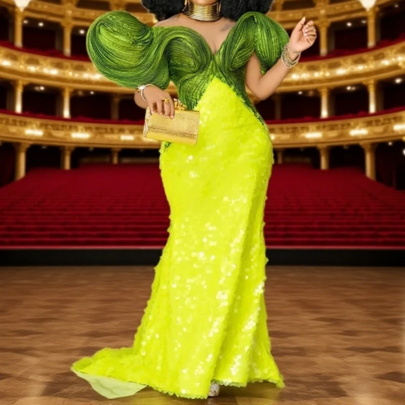 فساتين حفلة موسيقية حورية البحر الصفراء للمناسبات الخاصة مطرزة برقبة شفافة للسهرات الرسمية وحفلات أعياد الميلاد والخطوبة