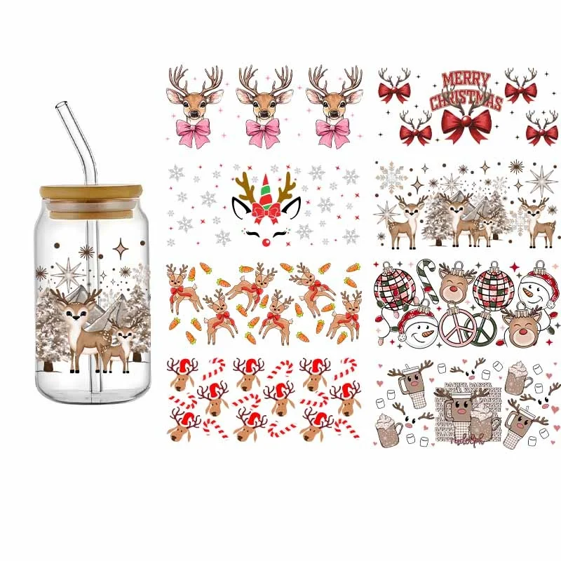 3D Weihnachten Milu Hirsch Thema UV DTF Cartoon Niedlich Wasserdicht Durble Transfer Aufkleber 16oz Libbey Glas Becher Tasse DIY Aufkleber