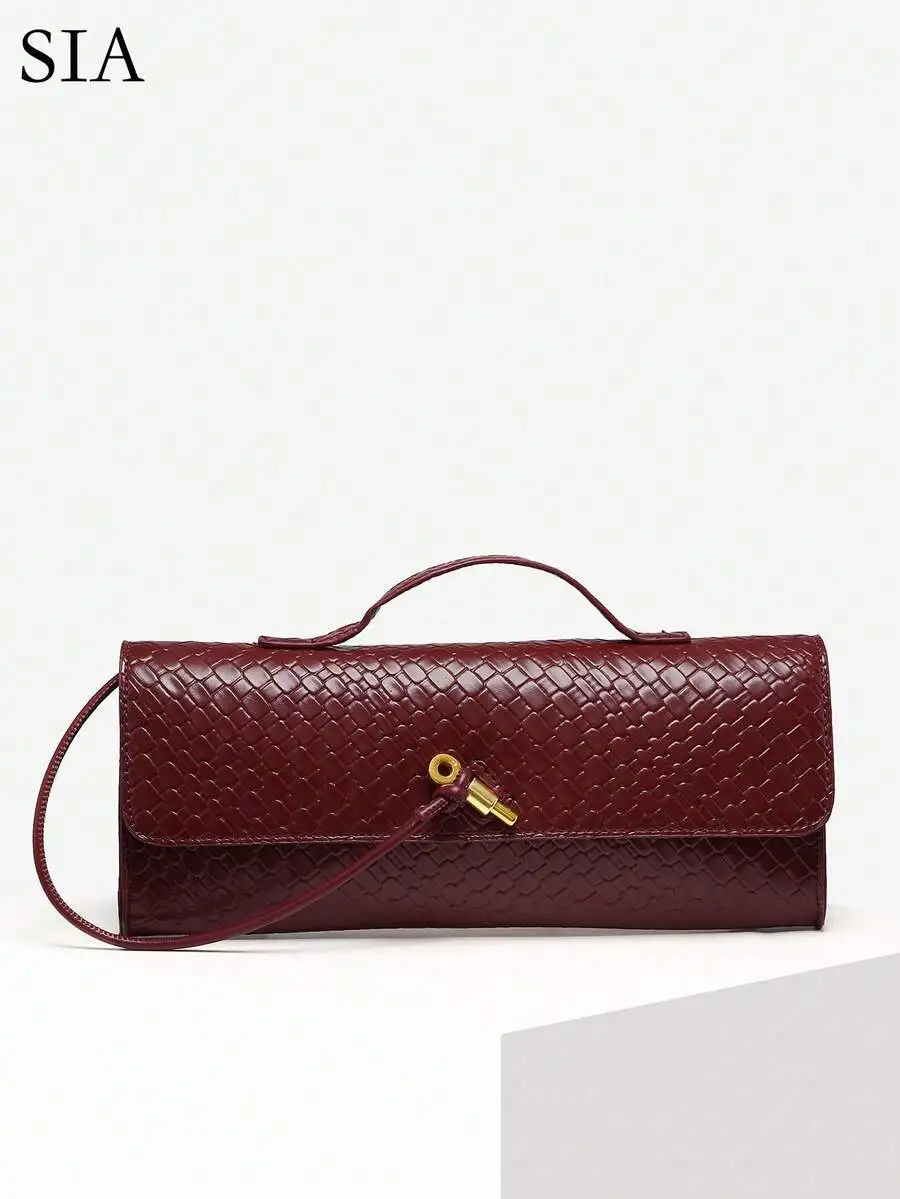 Burgundy Woven-Effect Flap Clutch With Gold Lock, Detachable Strap, Large Capacity For Evening Wear, Wedding, Party