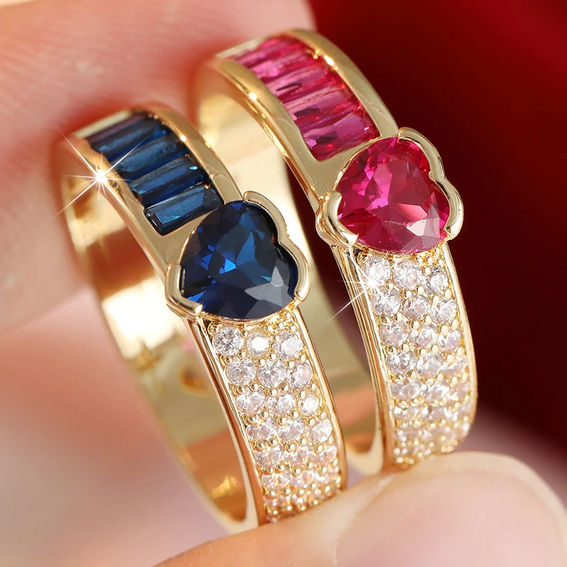 2pcs/set Fashion Heart Shaped Inlay Red Blue Zircon Ring Set Dating Anniversary Couple Ring Accessory Charm Jewelry Gifts