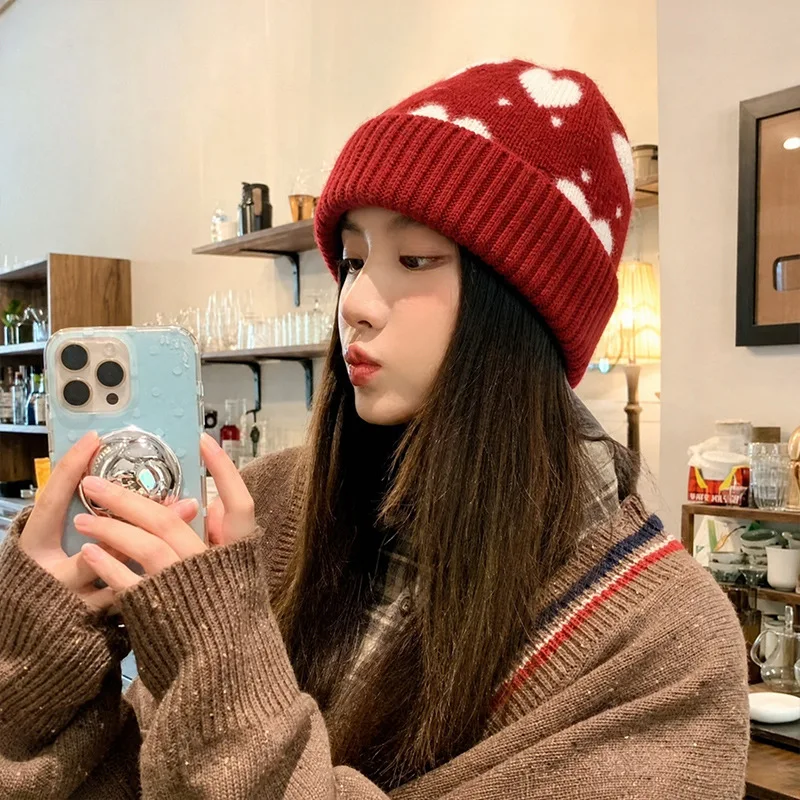 Autumn Winter Women Beanie Heart Pattern Hat Warm Chunky Knit Cap Cute Love Jacquard Soft Kawaii Adorable Knit Hat