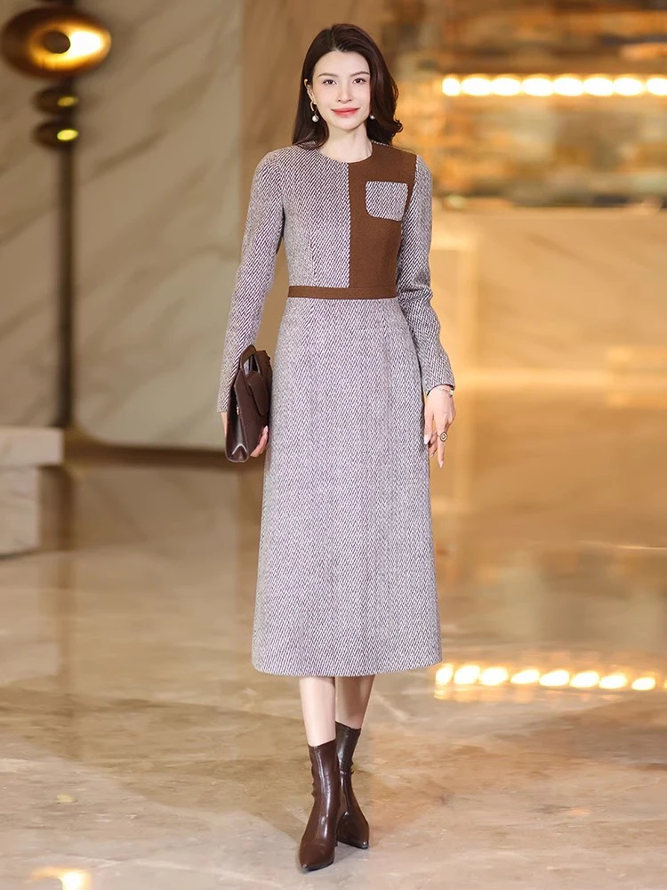 Nowa wełniana długa sukienka damska jesień zima Moda O-Neck Długi rękaw Wąska talia Gruba sukienka Elegancka Prostota Patchworkowa sukienka