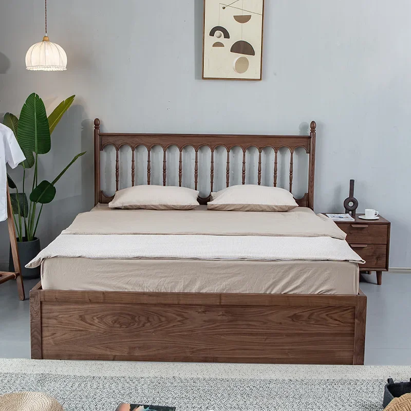 سرير عالي الضغط من خشب الجوز الأسود في أمريكا الشمالية، سرير تخزين من الخشب الصلب وندسور مزدوج، سرير كوين حديث #3