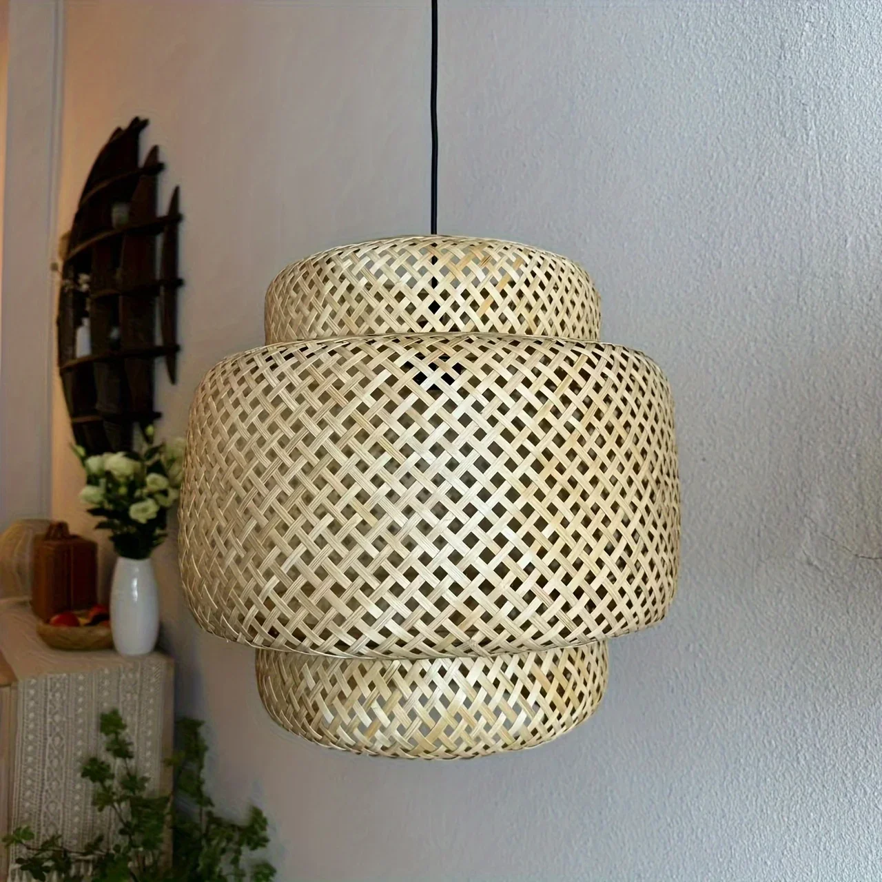 Large Size Handcrafted Modern Bamboo Pendant Lamp Shade-Woven Artisanal E27 Hanging Fixture for Dining Bedroom Tea Room-38/50cm