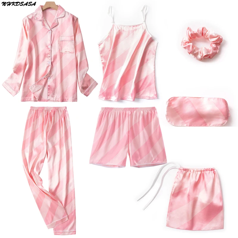 Autumn Spring 7 Pieces Set Silk Elegant Women Pajamas stripe Shorts Long Sleeve Tops Elastic Waist Pants Full Lounge Sleepwear