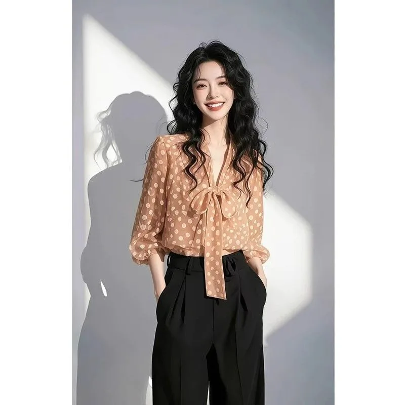 Women's Clothing French Style Top for Important Blouses Occasions Orange Polka-dot Bow Tie Shirt