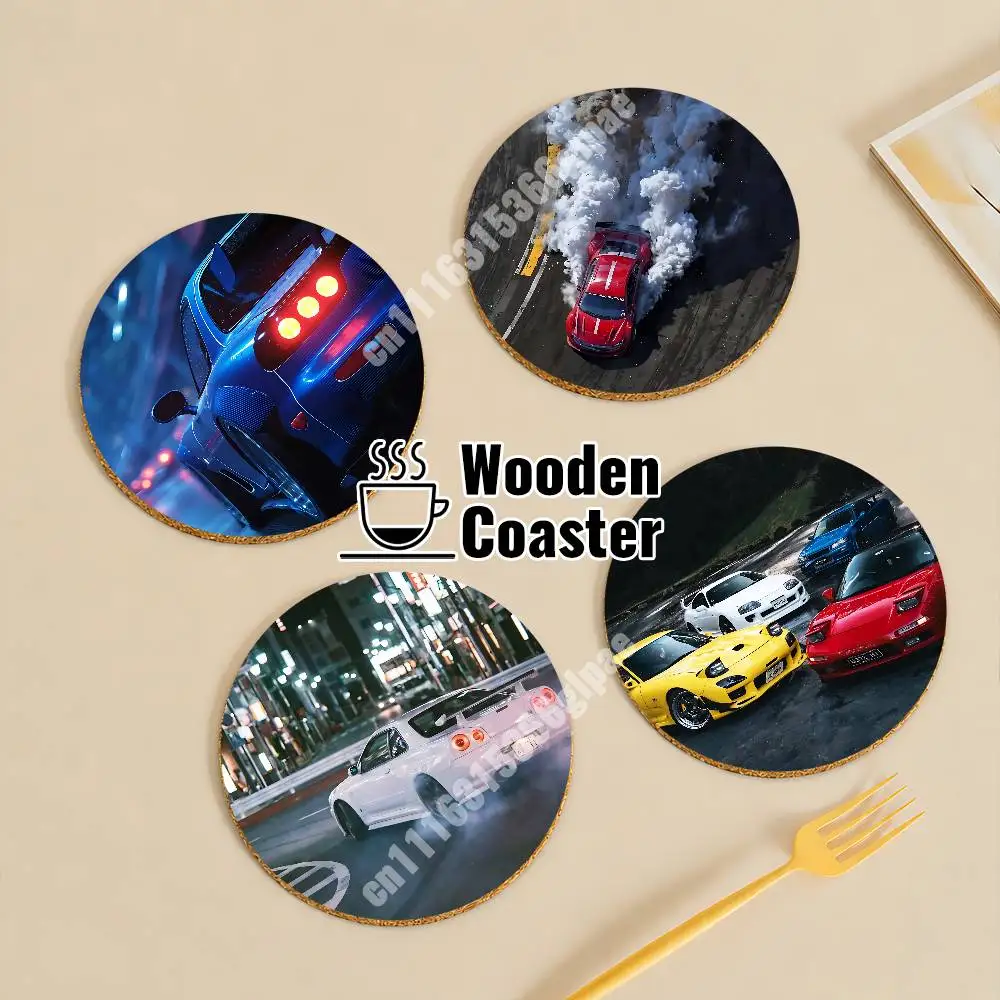 T-Tokyo Drift JDM Auto Racing Car Wooden Cup Mat Americano Beer Milk Water Coaster for Baking Studio