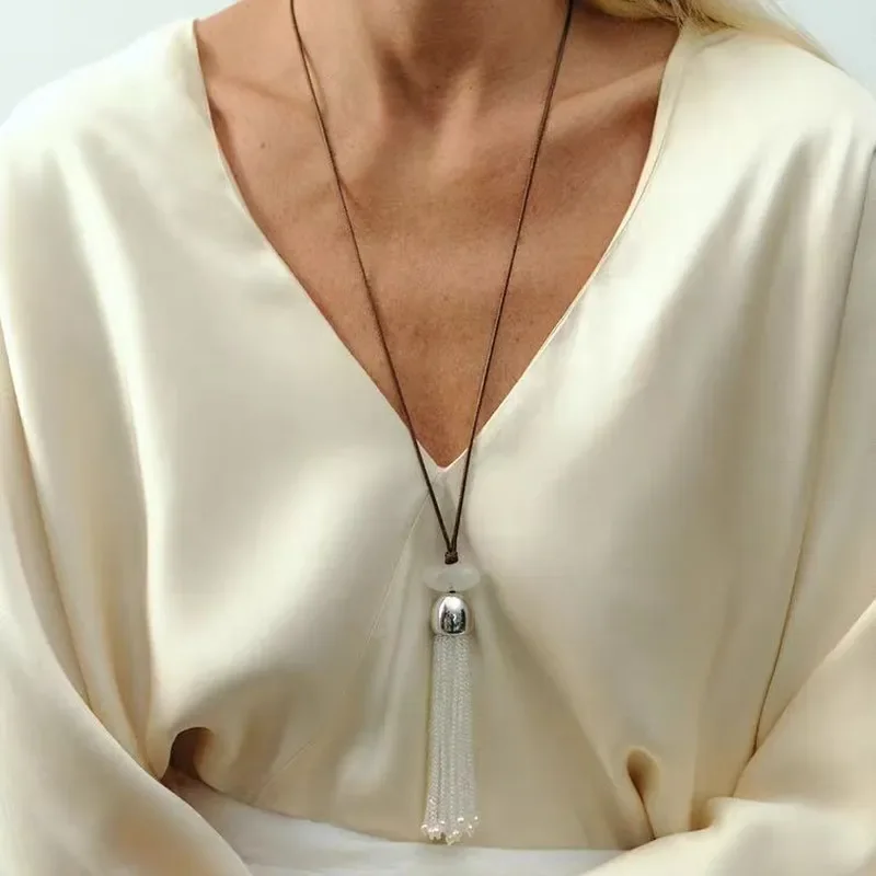 25 New white crystal tassel long sweater chain European and American niche high-end necklace freshwater pearl wax thread