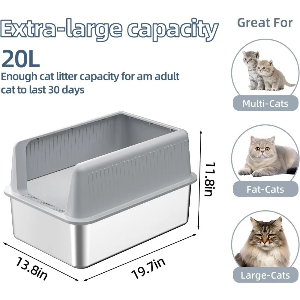 صندوق فضلات القطط من الفولاذ المقاوم للصدأ مع غطاء، حاوية معدنية كبيرة للقطط الصغيرة والمتوسطة، الطول 19.7 × 13.8 العرض × 11.8 الارتفاع