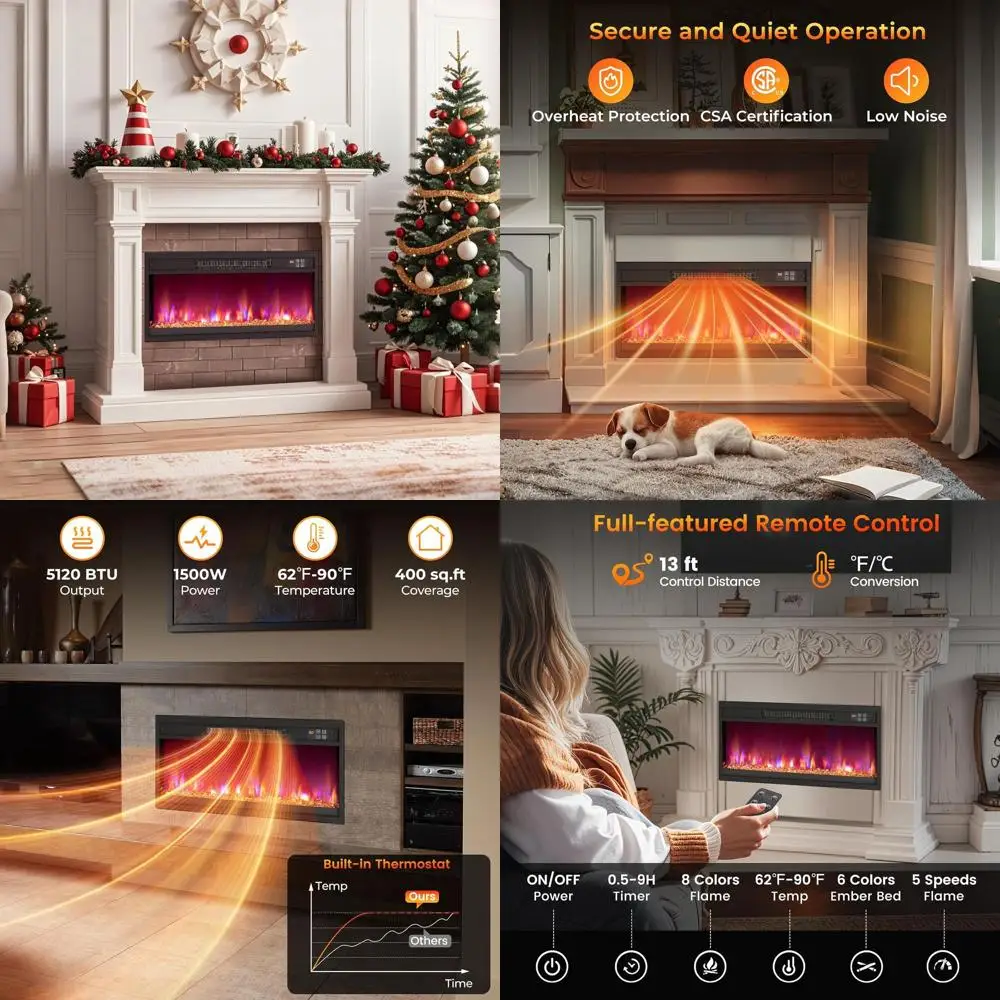 

Встраиваемый электрический камин 26 дюймов, 1500 Вт, с пультом ДУ, таймером, регулировкой пламени, изменением цвета, термостатом и функцией безопасности