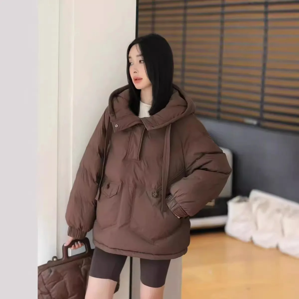 Hooded Jacket for Women, Loose Pullover, Thickening, Monochromatic, White Duck Down, Lightweight, Warm, Fashion, New, Winter