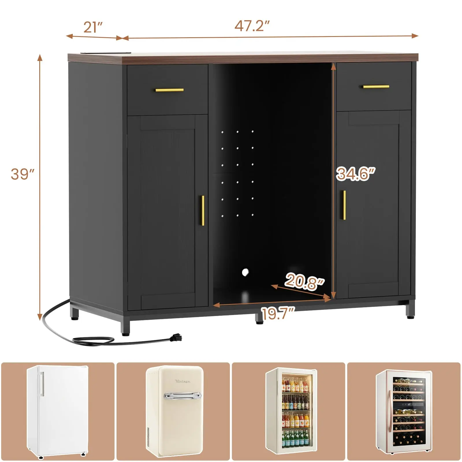 Coffee Bar Cabinet with Mini Fridge Space & Power Outlet, Black