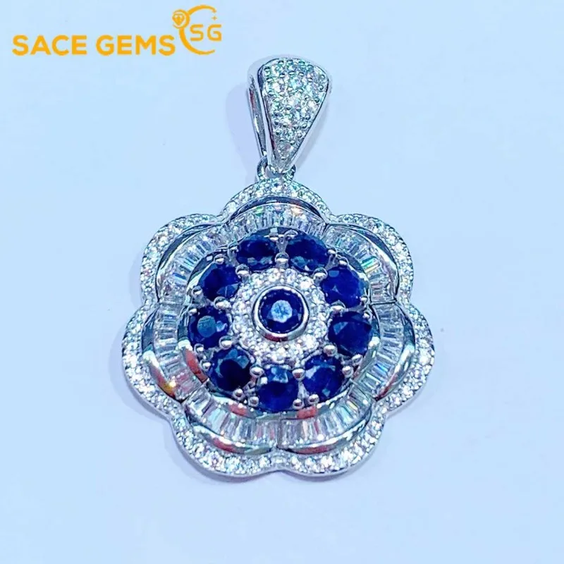 SACE GEMS New S925 Sterling Silver 3MM*10Natual Sapphire Pendant Necklaces for Womne Engagement Cocktail Party Fine Jewelry