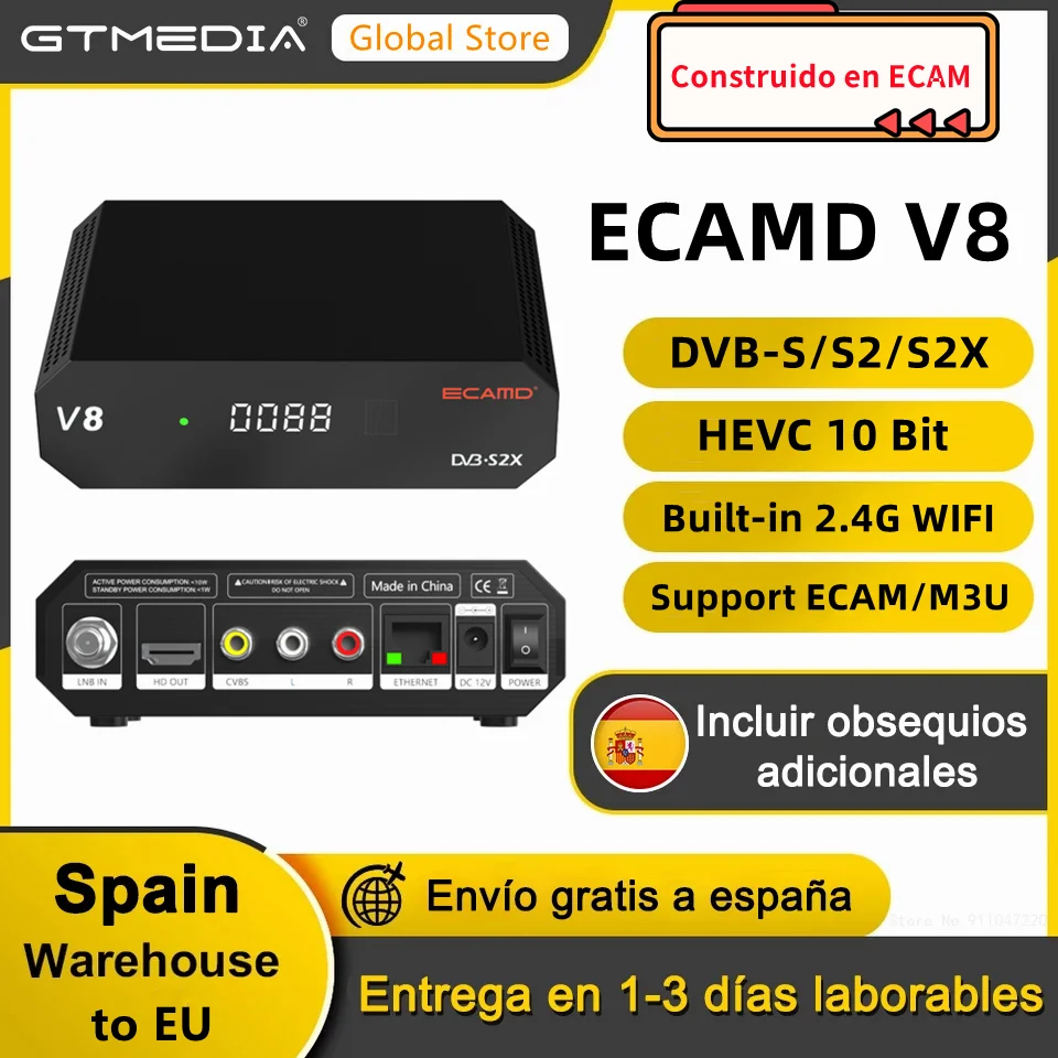 ECAMD V8 Satellite Receiver DVB-S2/S2/S2X Signal Decoder H.265 1080P FHD Built-in 2.4G WIFI Ethernet USB AV TV Box for Spain EU