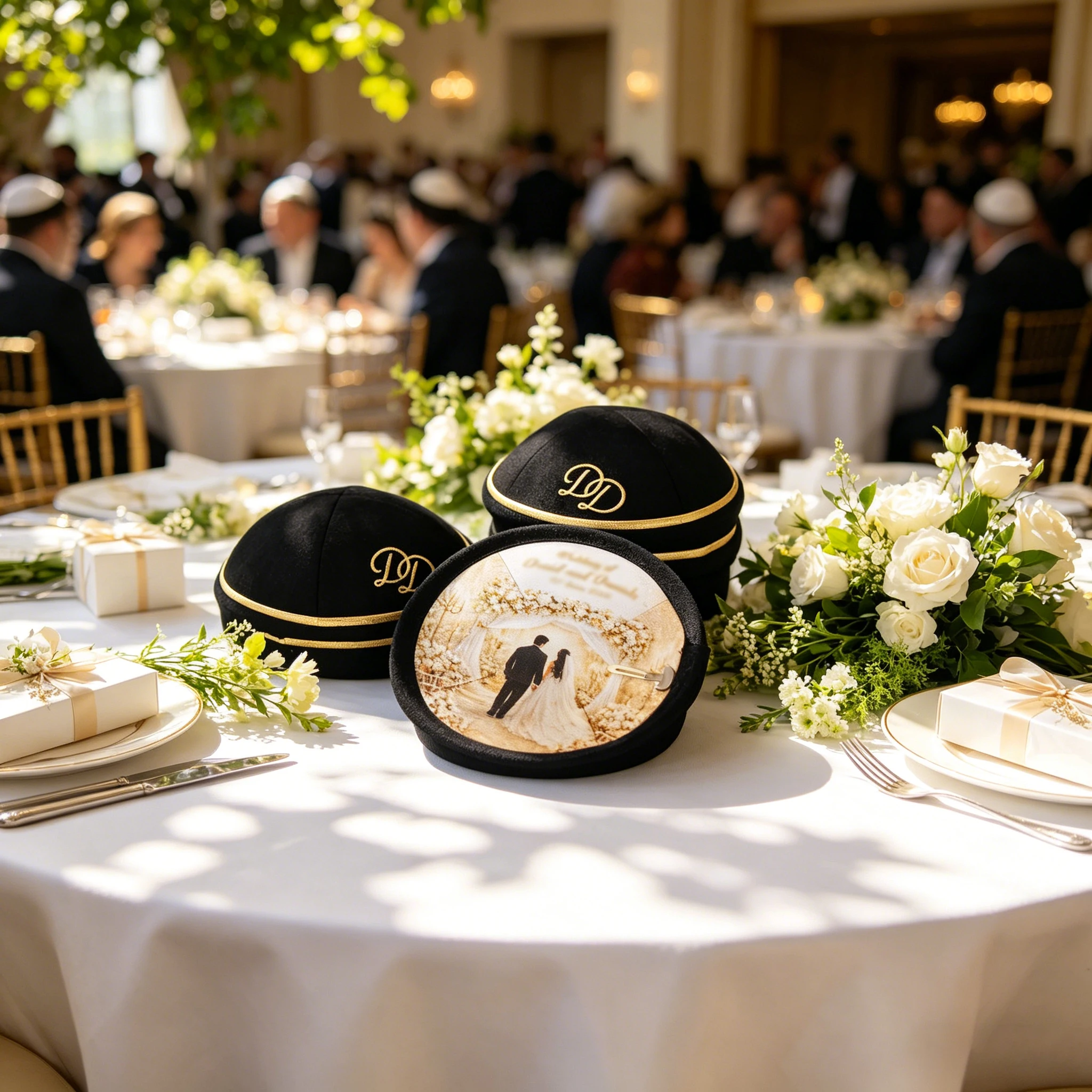 Custom embroidered linen kippah, custom digital printing, ideal for weddings and bar/bat mitzvah ceremonies.