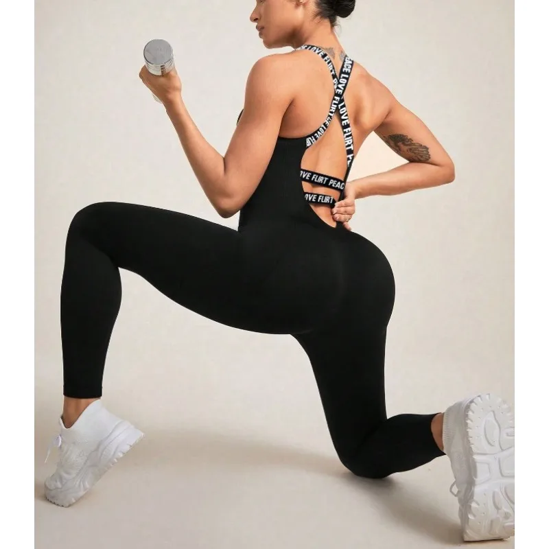 Kriananas Nero Croce Indietro Lettera Stampata Tute per Le Donne 2026 Alla Moda U Collare Traspirante Sportwear Hip Lifting Pantaloni Della Tuta