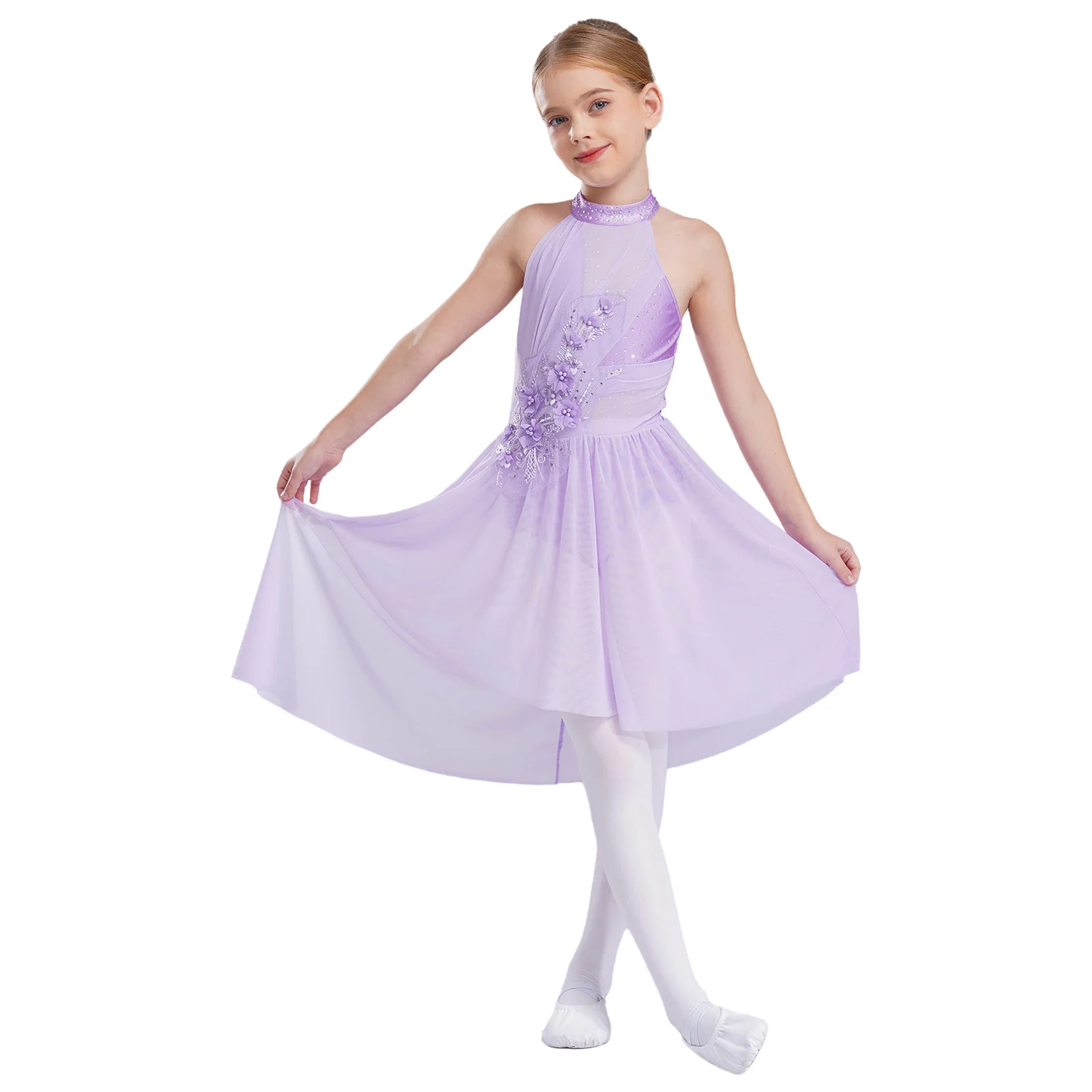 Girls Ballet Lyrical Dance Dresses Sheer Mesh Sleeveless Irregular Shiny Sparkly Rhinestones Delicate Applique Dress Dancewear