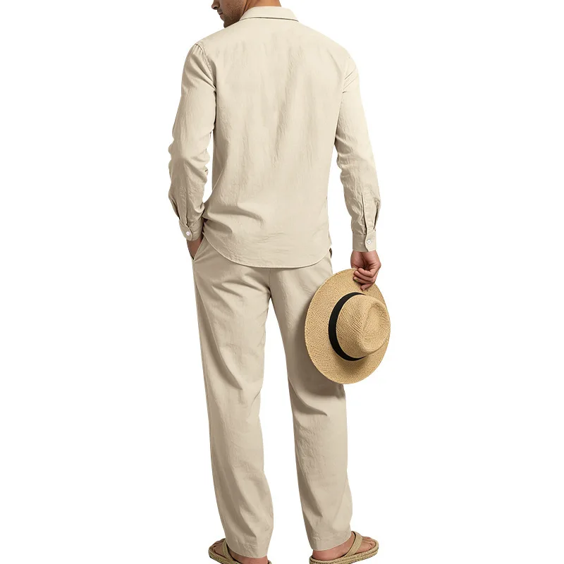 Europäisch-Amerikanisches Herren-Leinen-Freizeitset: Hemd mit Umlegekragen und Hose mit hohem Bund und Gürtel – Locker, atmungsaktiv, für Urlaub und Strand – Detail 31