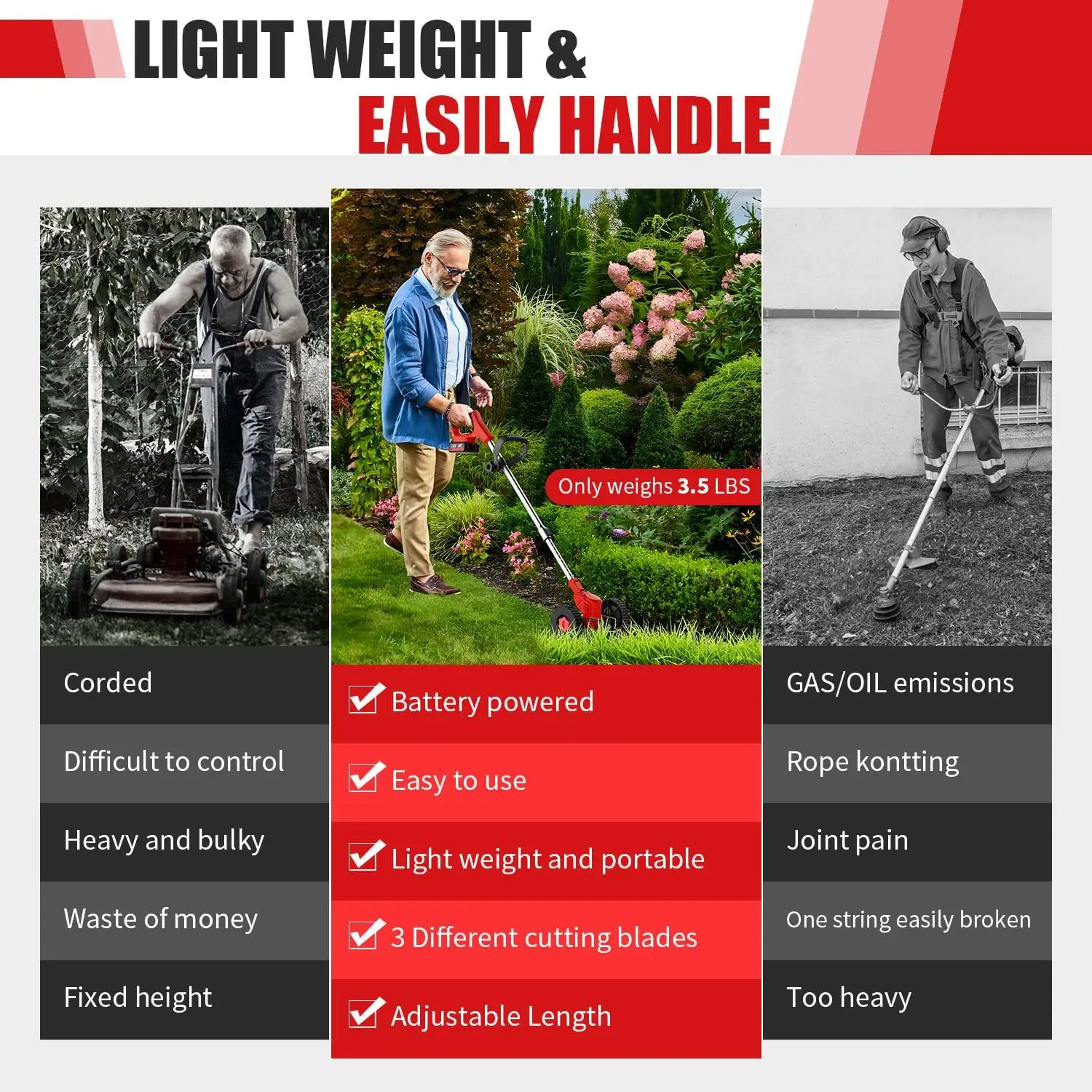 Cordless Lawn Trimmer Weed Wacker Lawn Mower Grass Edger with 2 Li-Ion Batteries Powered & 3 Cutting Blade Types image 6