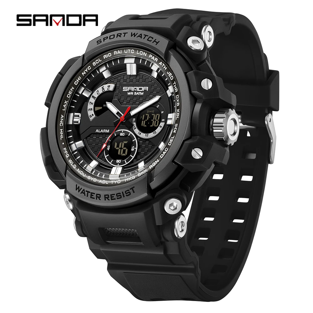 SANDA 2026 new 3388 Fashion Student Electronic Watch Multi functional Waterproof Alarm Clock Dual Display Men's Electronic Watch