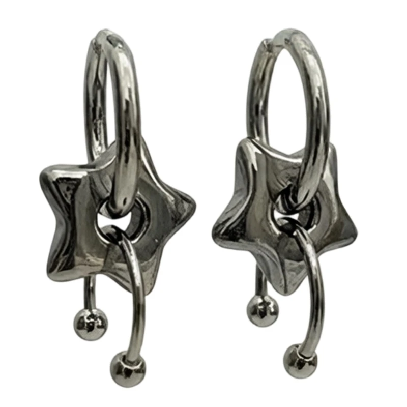 91AF Star Dangle Earrings with Silver Tone Finish, Puffed Five Point Charm and Curved Bead Accent, 3cm Drop Pair for Daily Wear