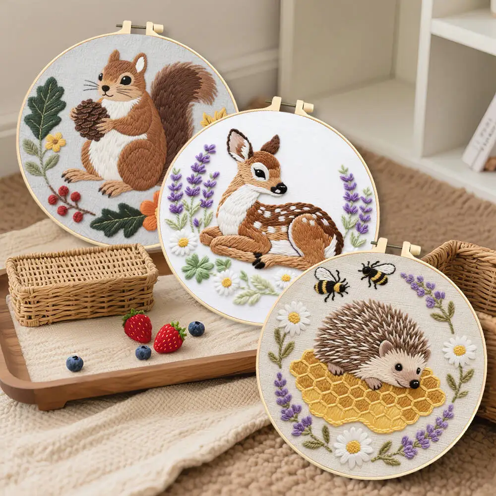 1Pc DIY Embroidery Deer Squirrel Hedgehog Animal Printed Canvas Cross Stitch Kits Complete Handmade Craft Set Home Decoration