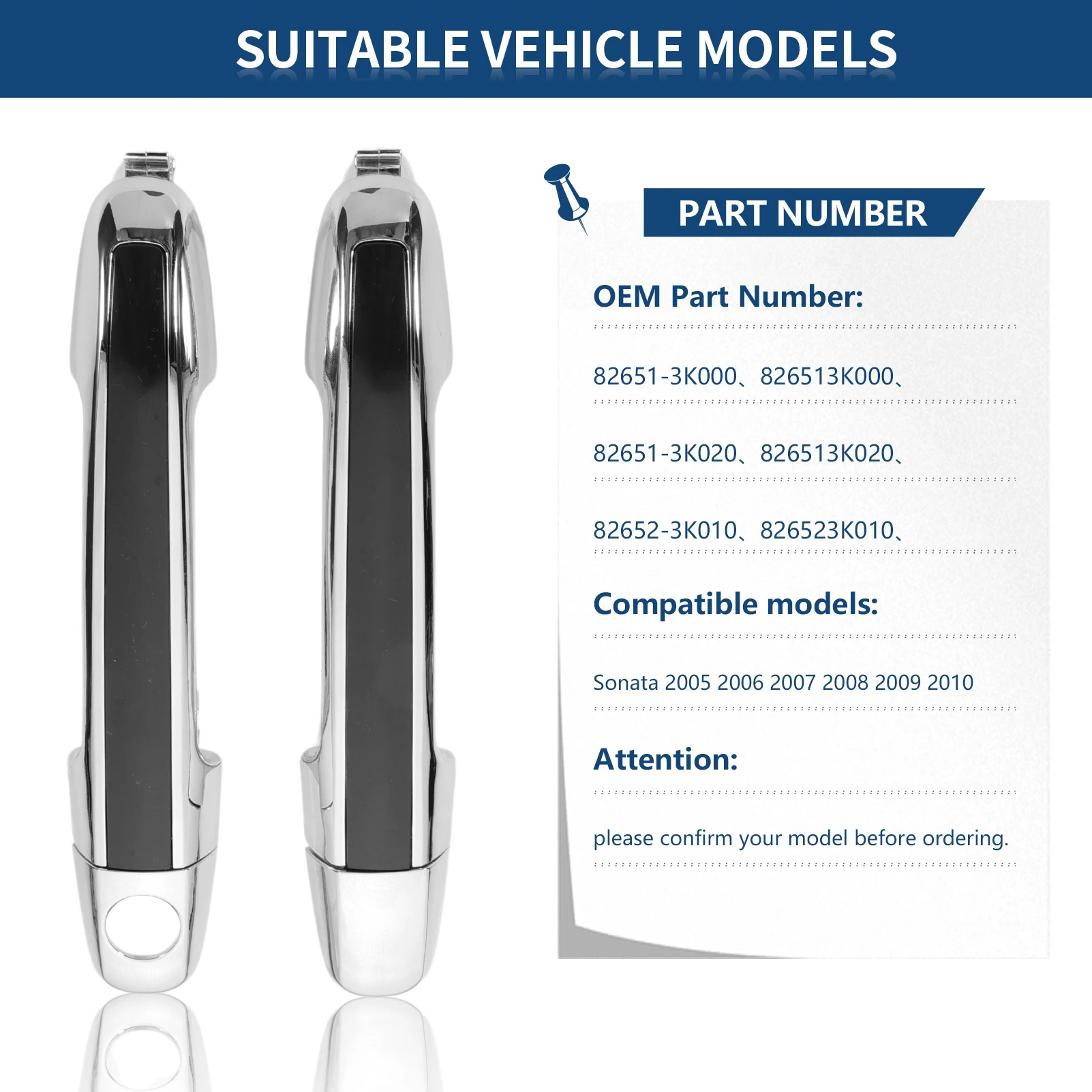 

4 Pcs Front & Rear Driver & Passenger Side Exterior Door Handle Chrome Set 82651-3K000 FOR 2005-2010 Hyundai Sonata