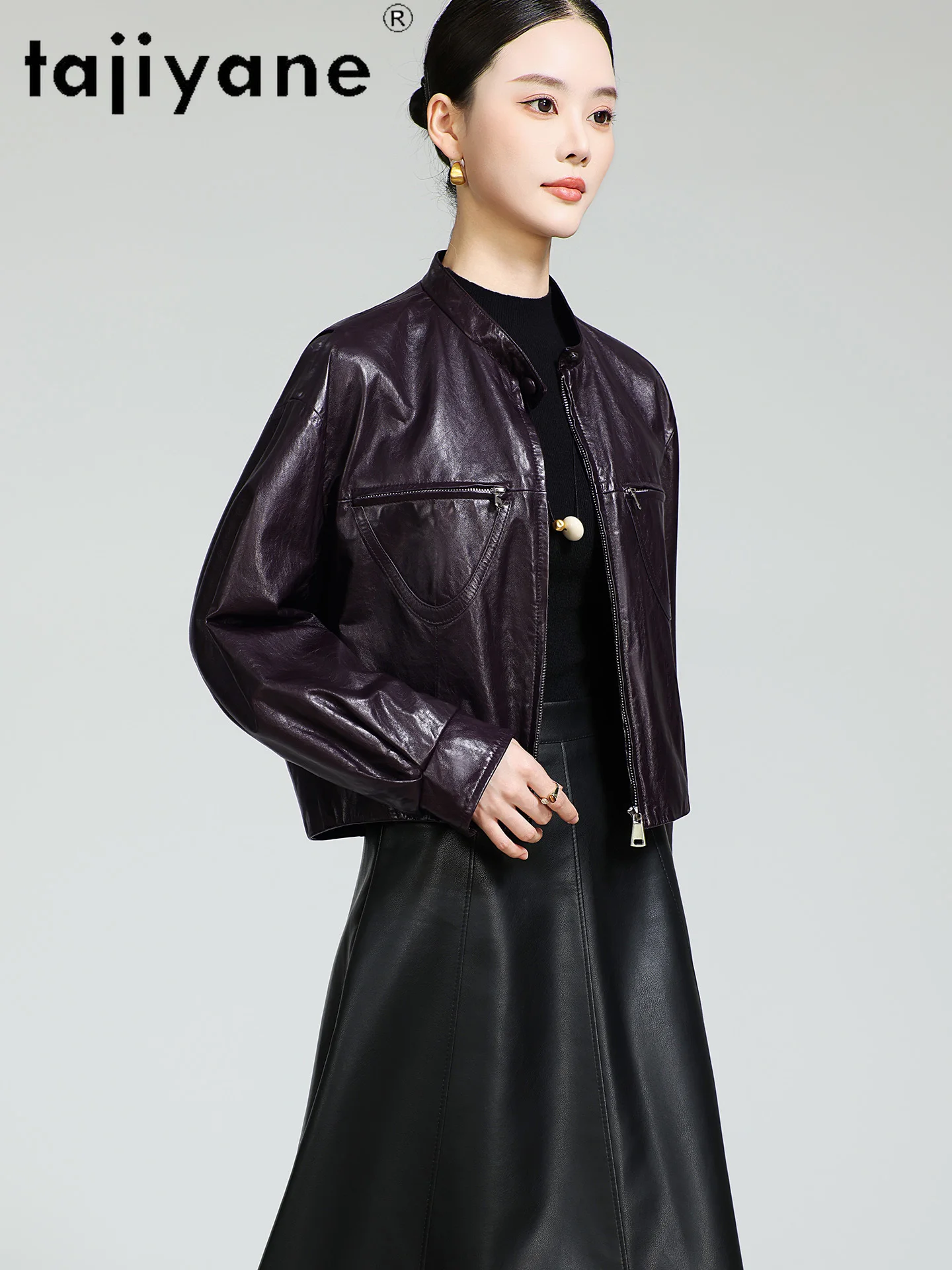 เสื้อแจ็คเก็ตหนังแกะแท้ 100% ยี่ห้อ TAJIYANE สำหรับผู้หญิง สีม่วงเก๋ไก๋ ทรงสั้น แจ็คเก็ตหนังแท้ คอลเลคชั่นฤดูใบไม้ร่วง 2025 เสื้อผ้าผู้หญิง