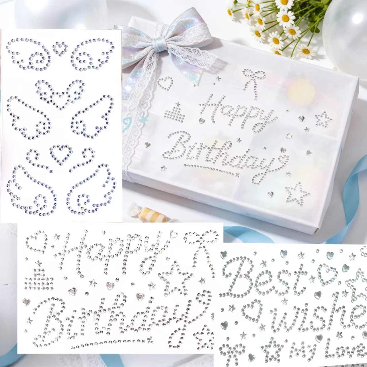 3 Pieces of Happy Birthday Blessing Diamond Stickers, Angel Wings Combination Rhinestone Stickers, Suitable for Decoration and Gift-Giving