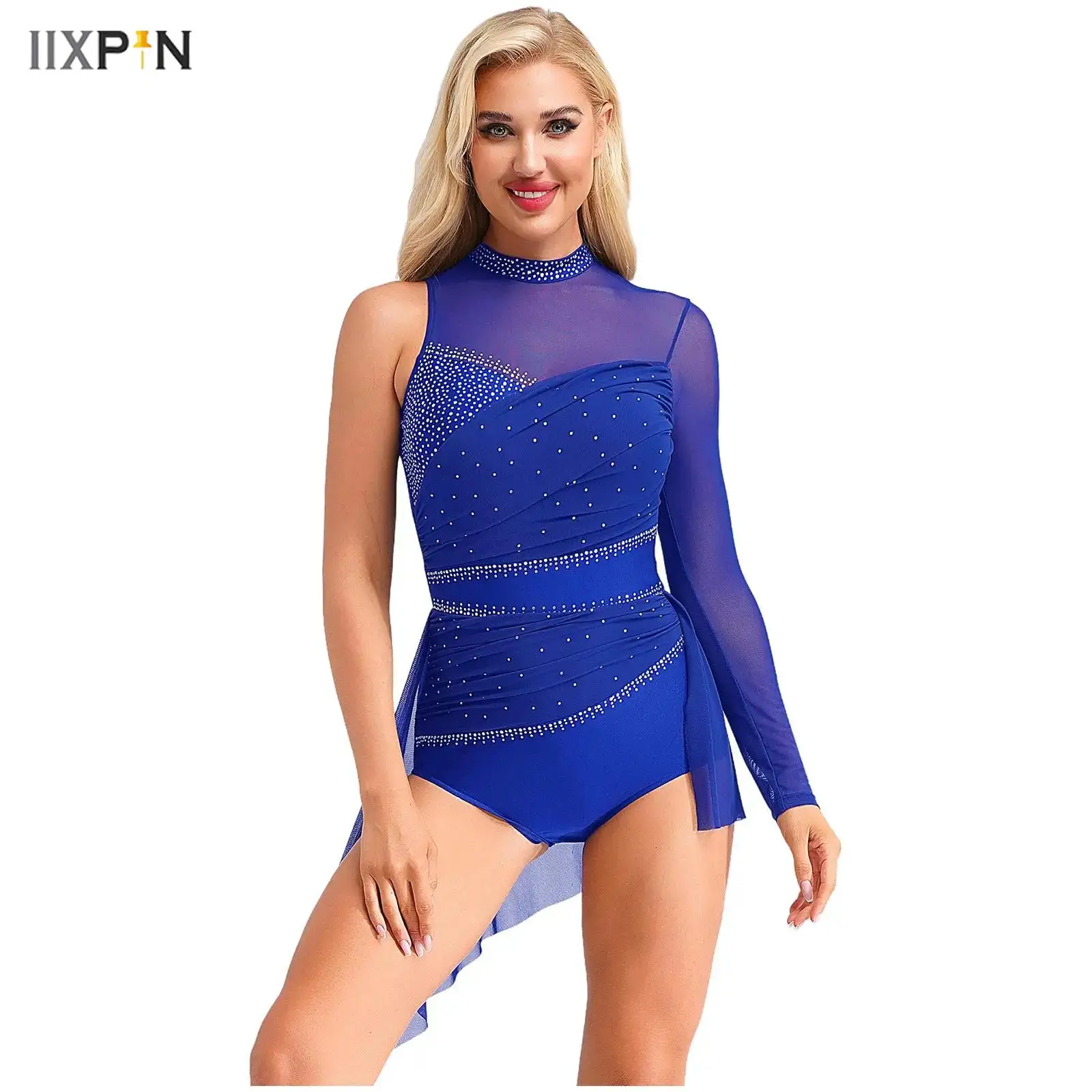

Womens Lyrical Ballet Dance Skirted Leotard Shiny Rhinestones Ruched Mesh Overlay Asymmetrical Bodysuit Figure Skating Costume