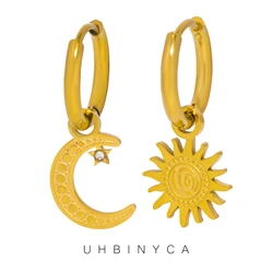 UHBINYCA Asymmetric Stainless Steel Gold Color Sun Moon Pendant Drop Earrings For Women Shiny Zirconia Earrings Trendy Jewelry