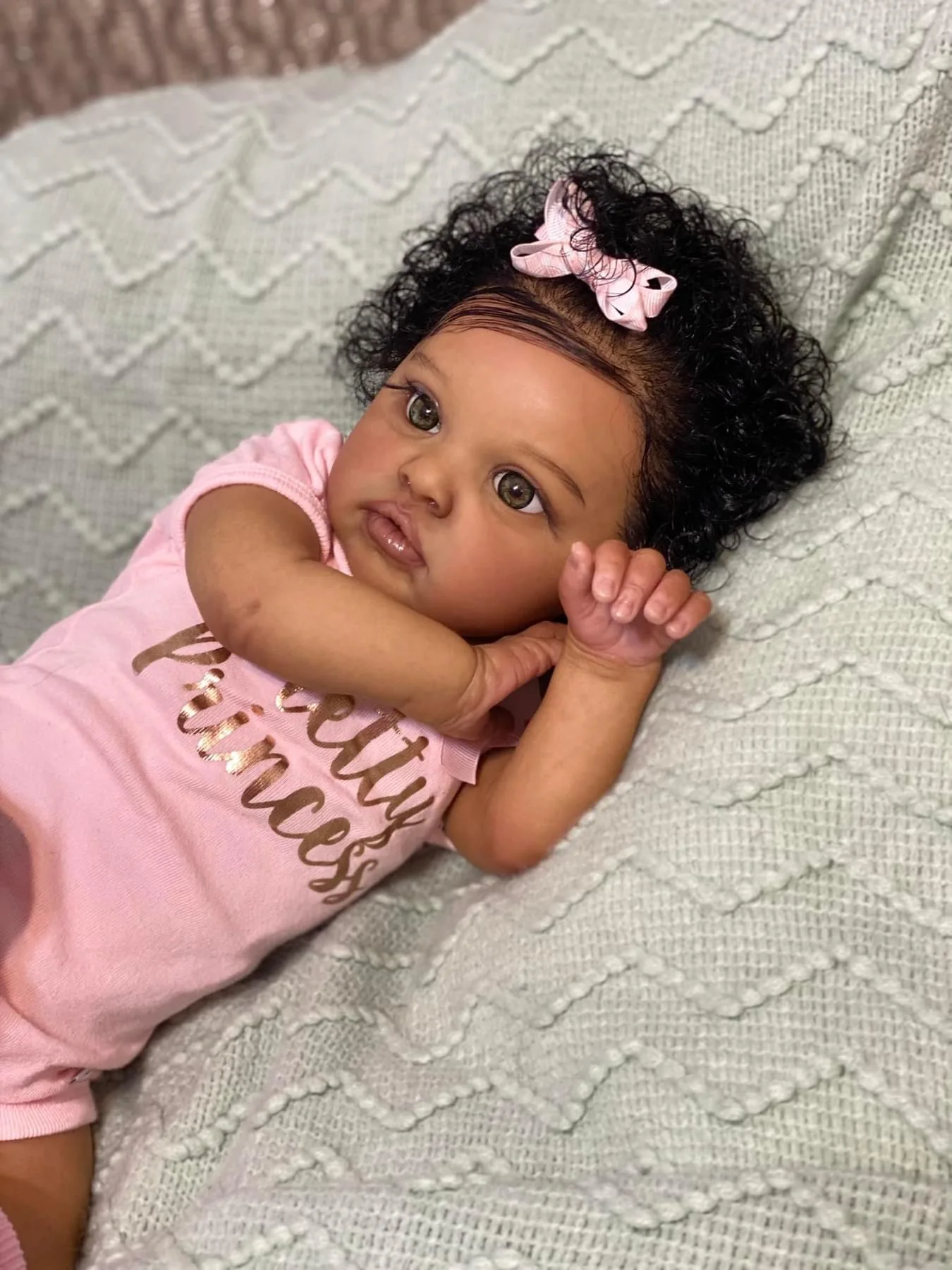 NPK 20inch Chantal  Already Painted Finished Reborn Baby Doll in Dark Brown Skin Awake Baby 3D Painting with Visible Veins