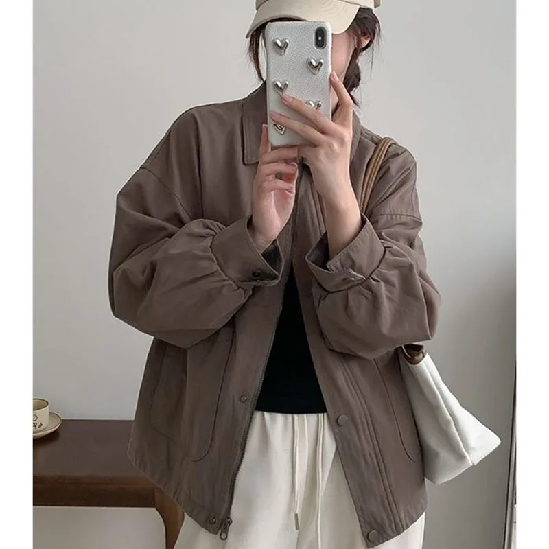 

Korean Women Long Sleeves Patchwork Coat Feminine Fashion Solid Color Zipper Outwear Spring Autumn Ladies Big Pocket Tops Jacket
