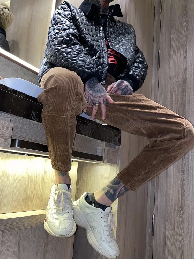 

Slim Fit Corduroy Casual Men's Pants Trendy Workwear Long Trousers Coffee Color Striped Velvet Pants Spring Autumn Straight Leg
