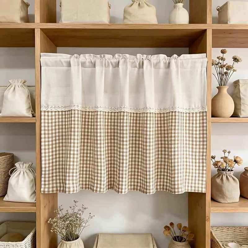 1pc Farmhouse Gingham Cafe Half Curtain, Rod Pocket Beige Linen Spliced with Lace, Rustic Short Window Valance for Kitchen Cabin