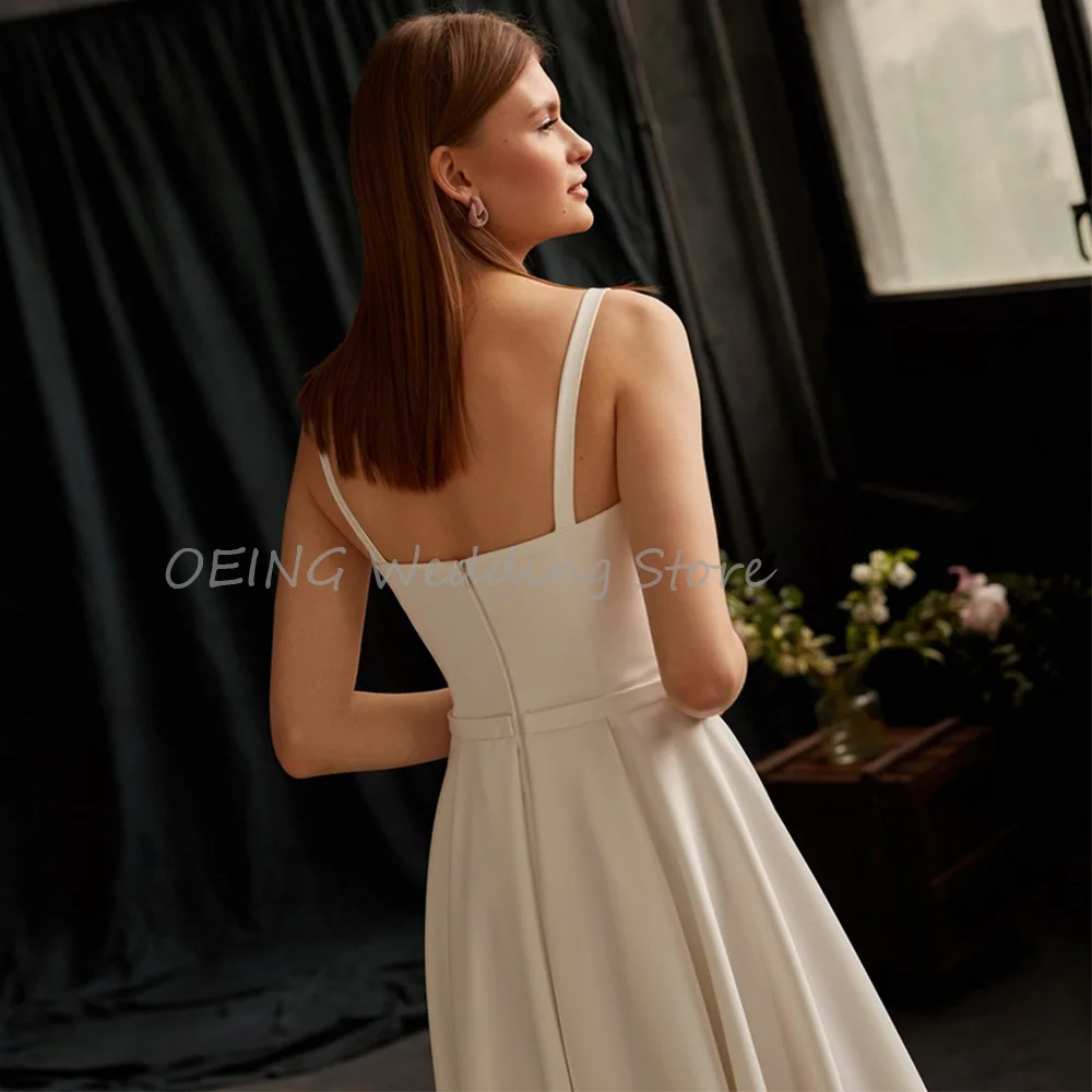 Simple Midi Wedding Dress White A Line Sleeveless Spaghetti Straps Short Wedding Gown for Women Tea Length Backless Bridal Dress